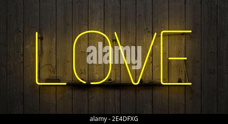 Neonschild mit dem Wort "LIEBE" mit gelbem Licht auf einer grauen Holzwand. 3d-Rendering Stockfoto