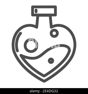 Liebestrank in herzförmigen Flasche Linie Symbol. Magische Liebe Getränk Vektor-Illustration isoliert auf weiß. Glasflasche mit magischem Elixier umreißen Stil Stock Vektor