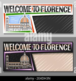 Vektor-Layouts für Florenz mit Kopierfläche, dekorativer Gutschein mit Umriss Darstellung der stadt florenz am Tag und Abenddämmerung Himmel Hintergrund, Art d Stock Vektor