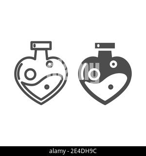 Liebestrank in herzförmiger Flaschenlinie und Glyphe-Symbol. Magische Liebe Getränk Vektor-Illustration isoliert auf weiß. Glasflasche mit magischem Elixier Umriss Stock Vektor