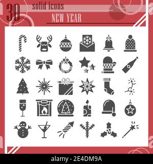 Neujahr Glyphen Icon Set, weihnachten Symbole Sammlung, Vektor-Skizzen, Logo-Illustrationen, Winter Zeichen solide Piktogramme Paket isoliert auf weiß Stock Vektor