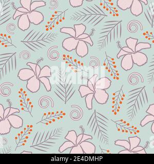 Elegante trendige Hibiskusblüten und Palmenblätter Vektor nahtlose Muster Design für Textil und Druck-ditsy florale Textur mit Himmel Farbe Hintergrund Stock Vektor