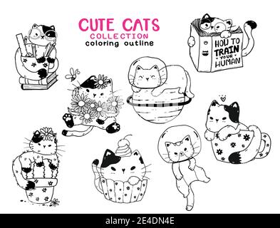Cute Kätzchen Katze Outline Sammlung zum Ausmalen drucken Buch, svg, Sublimation, Grußkarte, T-Shirt-Print Stock Vektor