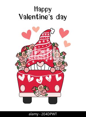 Valentine Gnome in roten Blume LKW mit Herz Ich liebe dich Flagge, niedliche Cartoon flache Vektor Clip Art Idee für Valentine-Karte, bedruckbare Sachen Stock Vektor