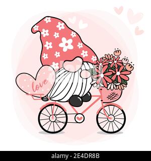 Cute Sweet Pink Gnome Valentine auf dem Fahrrad mit Blume und Herz, Cartoon Doodle Vektor, Gnome in Love on Bicycle Stock Vektor