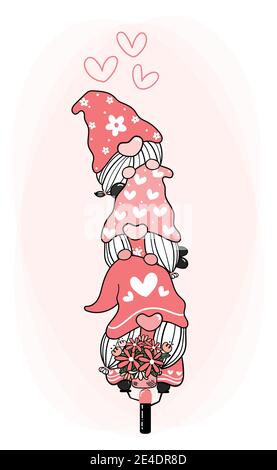 Niedliche süße glückliche Gnome auf Blume Fahrrad mit Herz, Liebe Valentine Gnome Cartoon-Vektor für T-Shirt-Druck, Grußkarte, Kinderzimmer drucken Stock Vektor