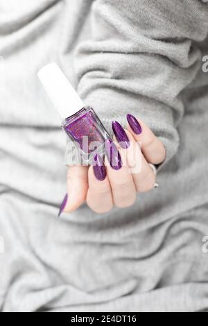 Womans Hände mit langen Nägeln mit violett lila Nagellack Stockfoto
