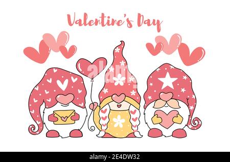 Nette Valentine Liebe gnome mit Liebe Ballon und Liebe Brief, drei Cartoon-Charakter flach Vektor, Happy valentine Gruß Postkarte druckbar Stock Vektor