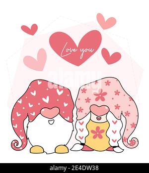 Niedliche Valentine Gnome Liebe Set, mit Herz Ballon, Liebesbrief, Cartoon flache Vektor-Illustration Stock Vektor