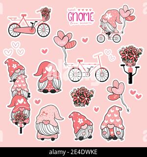 Niedliche Valentine Gnome süß rosa Liebe Collcetion, Gnome auf Fahrrad Aufkleber bedruckbare Set. Stock Vektor