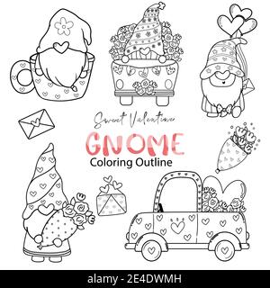 Cute Valentine Gnome Färbung Outline Sammlung, Sweet valentine digitalen Stempel Set, Gnome Cartoon Doodle Zeichnung Set Stock Vektor