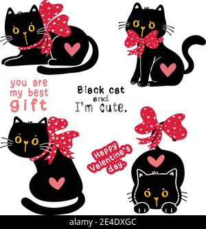 Niedliche valentine schwarze Katze Kätzchen mit rotem Band Schleife Urlaub Geschenk Kollektion Set, Doodle Illustration Clip Art Stock Vektor