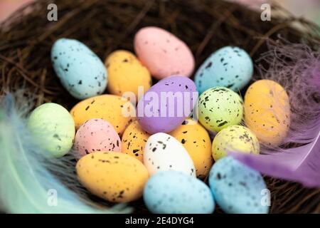 Ostereier im Vogelnest Pastellfarben, Ostern, Frühling, Natur Konzept Hintergrund Stockfoto