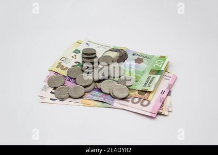 Ukrainisches Geld auf hellem Hintergrund. Banknoten und Metallmünzen zusammen Stockfoto