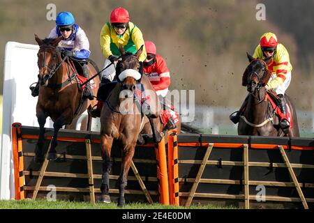 Harry Skelton auf Roksana (pink/blau) hat die letzte Chance, die Matchbook Betting Podcast Mares' Hürde während des Matchbook Clarence House Chase Raceday auf der Ascot Racecourse zu gewinnen. Bilddatum: Samstag, 23. Januar 2021. Stockfoto