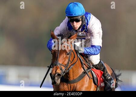 Harry Skelton auf Roksana (pink/blau) hat die letzte Chance, die Matchbook Betting Podcast Mares' Hürde während des Matchbook Clarence House Chase Raceday auf der Ascot Racecourse zu gewinnen. Bilddatum: Samstag, 23. Januar 2021. Stockfoto