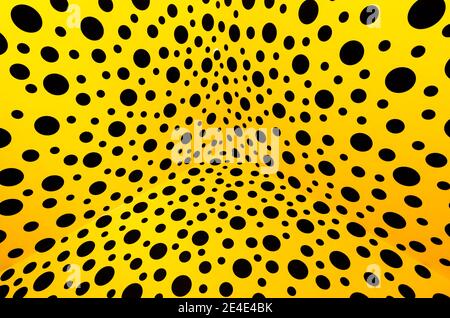 Ein unendlich großer Spiegelraum mit gelben und schwarzen Polka Dots Installationskunst des japanischen Künstlers Yayoi Kusama. Stockfoto