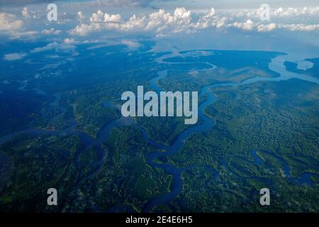 Fluss in tropischem Costa Rica, Corcovado NP. Seen und Flüsse, Blick vom Flugzeug. Grünes Gras in Mittelamerika. Bäume mit Wasser in der Regenzeit. Phot Stockfoto