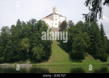 Eine mittelalterliche Burg, umgeben von Wald und See Stockfoto
