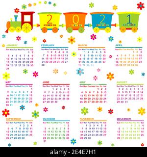 2021 Kalender mit Spielzeugzug und Blumen für Kinder Stock Vektor