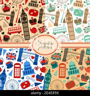 Sammlung von seamless pattern mit zahlreichen Sehenswürdigkeiten und Großbritannien Symbole Vektor-illustration Stock Vektor