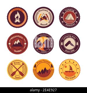 Tourismus camping flach Abzeichen Set Straße Berg Baum und Natur isoliert im freien Vektor-illustration Stock Vektor