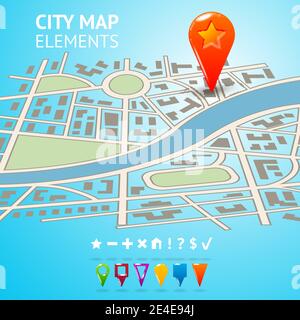 Stadt-Straße Road route dekorative Karte mit Navigationsmarker und Stifte Vektor-illustration Stock Vektor
