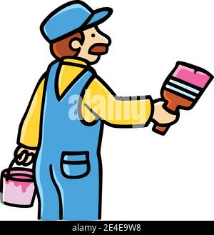 Maler Mann Malerei Hauswand mit Pinsel. Arbeiter Kerl mit Pinsel und Maldosen. Innenrenovierungsdienst und Dekorateur Job Vektor Clipart Stock Vektor