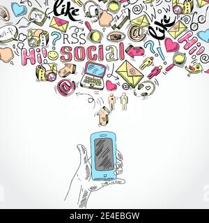 Doodle Hand hält mobile Smartphone mit Blog social Media und Kommunikation Anwendungen Symbole Vektor-illustration Stock Vektor