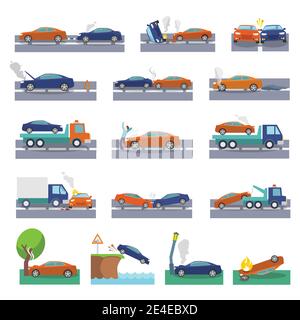 Auto-Crash und Unfälle Icons set mit Kollision Feuer Flut Versicherungsfällen Vektor-illustration Stock Vektor