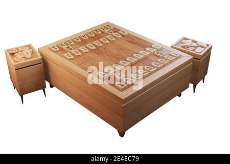 Das japanische Schach isoliert weißen Hintergrund, Wort, das in dem Stück geschrieben ist, ist rook, Gold Generäle, Ritter, Lanzen, Bauern, König, Bischof, Silber Generäle Stockfoto