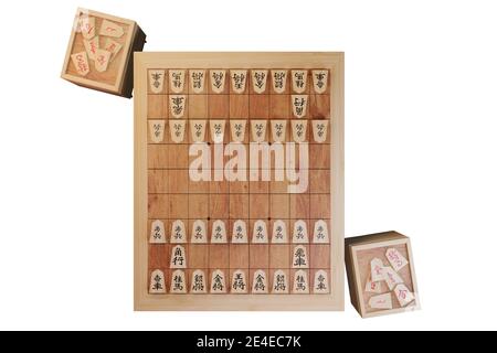 Das japanische Schach isoliert weißen Hintergrund, Wort, das in dem Stück geschrieben ist, ist rook, Gold Generäle, Ritter, Lanzen, Bauern, König, Bischof, Silber Generäle Stockfoto