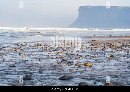 Jagen Sie auf den Klippen von saltburn, und genießen Sie den Blick über den Gezeitenstrand Stockfoto