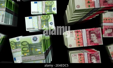 Euro und Britisches Pfund Sterling Geldscheine Pack. Konzept des Brexit, EU vs. Britische Wirtschaft, Handel, Markt, Krise und Finanzen. 3D-Grafik EUR vs. GBP. Stockfoto