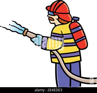 Karikatur Clipart eines Feuerwehrmann oder Feuerwehrmann mit einheitlichen Sprühen Wasser auf Feuer. Stock Vektor