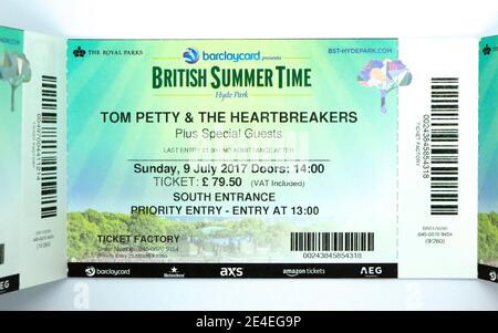 Eintrittskarte für Tom Petty & The Heartbreakers im Hyde Park Sonntag, 9. Juli 2017 London England Großbritannien Stockfoto