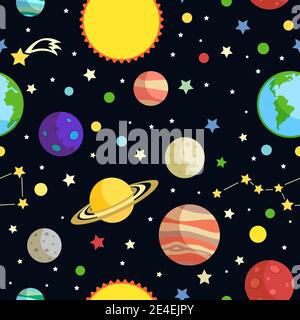 Raum nahtloses Muster mit Planeten Sterne Kometen und Konstellationen auf Vektorgrafik mit dunklem Hintergrund Stock Vektor