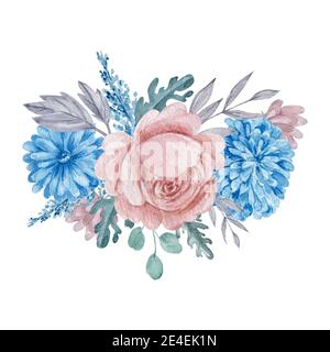 Erröten und blauen Blumen mit grünen Blättern Rand isoliert auf weißem Hintergrund. Stockfoto