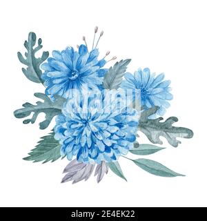 Blaue Blumen mit grünen Blättern Rand isoliert auf weißem Hintergrund. Stockfoto