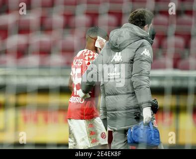 Stadt Mainz, Deutschland. 23. Jan, 2021. firo: 23.01.2021 Fußball: 1. Bundesliga, Saison 2020/21 FSV Mainz - RB Leipzig Injury, Leandro Barreiro Martins (Mainz) Credit: Thorsten Wagner/Witters/POOL/via firoportphoto / usage worldwide/dpa/Alamy Live News Stockfoto