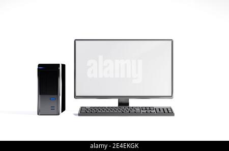 Desktop-Computer mit leerem Bildschirm als Vorlage auf weißem Hintergrund. Digitales Rendern. Stockfoto