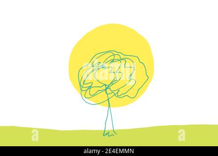 Abstrakt bemalter Baum mit gelber Sonne und grünem Feld auf weißem Hintergrund. Stockfoto