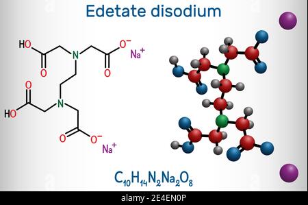 Disodium EDTA, Edetat Disodium, Disodium Edetat, Molekül. Es ist diamine, ist polyvalentes Chelating Mittel zur Behandlung von Hyperkalzämie. Struktureller ch Stock Vektor