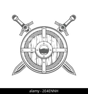 Rundes wikingerschild mit keltischem Muster und zwei gekreuzten Schwertern, mittelalterliches Ritteremblem mit Rüstung, Vektor Stock Vektor