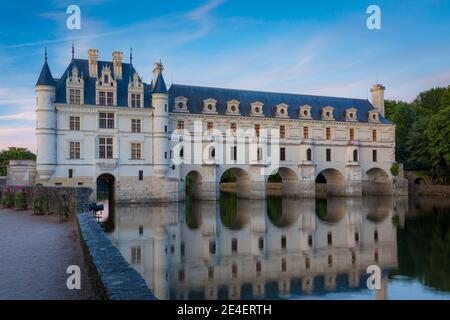 Abend im Chateau de Chenonceau am Fluss Cher, Indrie-et-Loire, Centre, Frankreich Stockfoto