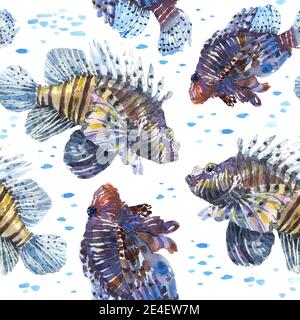 Löwenfisch in Aquarell. Teufel Glühwürmchen nahtlose Muster. Bunte exotische tropische Fische Hintergrund Hand gezeichnet für Dekoration Design. Unterwasserwelt