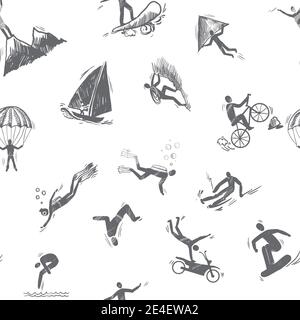 Extreme Sport Symbol Skizze nahtlose Muster des Schnorchelns Surfen Klettern Vektor-Illustration. Stock Vektor