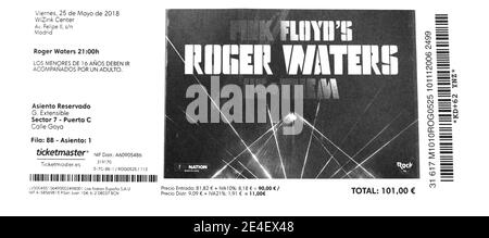 Eintrittskarte für Pink Floyd's Roger Waters US + Them Im Wizink Center Madrid Spanien 25 Mai 2018 Stockfoto