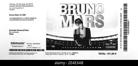 Gedrucktes Eintrittsticket Bruno Mars Pop Konzert im Wanda Metropolitan Stadium 22. Juni 2018 Madrid Spanien Stockfoto