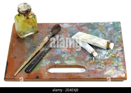 Hölzerne Künstler Mischpalette isoliert auf weißem Hintergrund Stockfoto